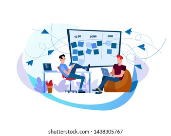 Streamline Business Processes With Workflows. CRM. Discussing Tasks At Kanban Board. Scrum Meeting. Setting Goals. Business Conversation. Two Workers Work On Laptops. Two Engineers Perform Tasks