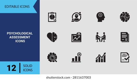 Streamline clinical personality evaluations with this psychological assessment icons solid icon set perfect for diagnostic testing and professional mind evaluation software.