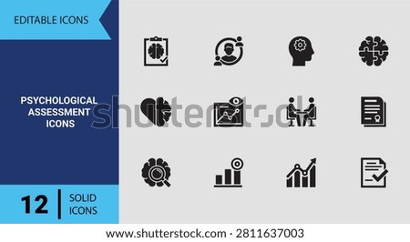 Streamline clinical personality evaluations with this psychological assessment icons solid icon set perfect for diagnostic testing and professional mind evaluation software.
