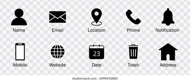 "Streamline communication with our Contact Icons Business Card Set. Essential symbols including user, home, phone, email, and more. Ideal for professional designs."