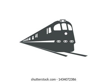 streamline diesel old locomotive pulling passenger train in silhouette style with perspective view