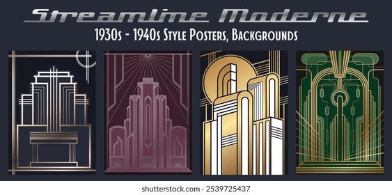 Streamline Moderne 1930s - 1940s Estilo Vetor Modelos para Retro Party Posters, Capas, Ilustrações. Gradientes metálicos, cores art déco e formas