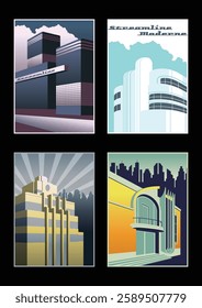 Streamline Moderne Architectural Poster Set, Streamline Style Buildings, 1930s - 1940s Style Illustrations 