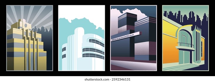 Streamline Moderne Architectural Poster Set, Streamline Style Buildings, 1930s - 1940s Style Illustrations 