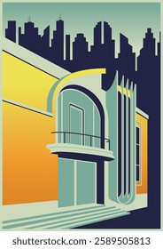 Streamline Moderne Architectural Poster, Streamline Style Building. 1930s - 1940s Style Illustrations