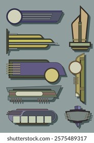 Streamline Moderne, Art Deco, Googie Style Signboards, 1920s, 1930s, 1940s, 1950s Shapes and Graphic Styles. Retro Signboards for Posters, Covers, Illustrations