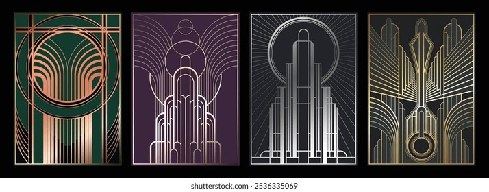 Streamline Moderne Backgrounds, 1930s Style Decorative Ornamental Templates for Retro Posters, Covers, Illustrations. Art Deco Colors, Gradients, Shapes