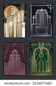 Conjunto de Plantilla de pósters modernos. 1930s estilo decorativo Ornamental fondos para carteles retro, cubiertas, Ilustraciones. Colores Art Deco, Gradientes, Formas