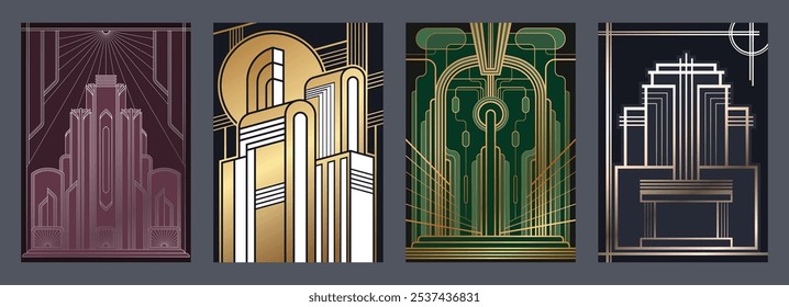 Dinamizar conjunto de modelos de cartazes modernos. 1930s Estilo decorativos ornamentais fundos para cartazes retrô, capas, ilustrações. Cores Art Déco, Gradientes, Formas
