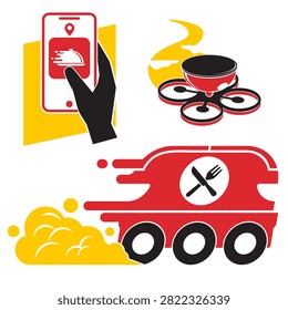Streamline your digital service branding with this modern online food delivery vector icon collection. This versatile graphic set illustrates three core pillars of contemporary food logistics: automated smartphone app tracking, autonomous drone shipping, and rapid ground transit via an express delivery truck. Rendered in a bold red and yellow color palette, this vector illustration is perfect for on-demand catering platforms, smart restaurant applications, courier services, and tech-driven logistics companies.#FoodDeliveryIcons #SmartLogistics #DroneDelivery #DeliveryApp #VectorCollection #ExpressShipping #LogisticsTech #OrderOnline #FoodTech #GraphicDesignSet