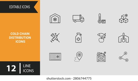 Streamline your temperature controlled pharmaceutical operations with this comprehensive cold chain distribution outline icon set perfect for medical logistics and refrigeration manuals