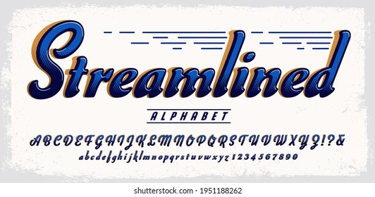 Streamlined Alphabet; A script or cursive style font with tall ascenders and a robust slant. Reminiscent of classic streamline art deco stylings.