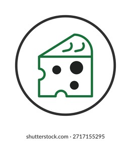Una ilustración de cuña de queso aerodinámica se presenta en un círculo bordeado negro. El queso verde delineado presenta agujeros circulares y detalles curvos sobre un fondo blanco, ideal para la comida