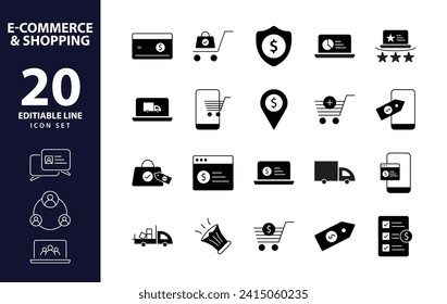 Streamlined e-commerce experience a distinctive set of minimal black fill web icons for online shopping and efficient delivery comprehensive fill icons collection in simple vector	