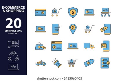 Streamlined e-commerce experience a distinctive set of minimal color fill and thin line web icons for online shopping and efficient delivery comprehensive outline icons collection in simple vector	