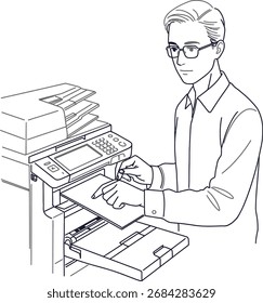 Streamlined office automation: Man using modern printer for document management, efficiency, and productivity in workplace solutions for business needs