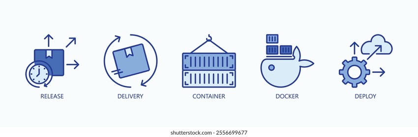 Streamlined Processes For Software Deployment And Delivery Icon Set Vector Illustration Concept With Icon Of Release, Delivery, Container, Docker, Deploy In Blue Style