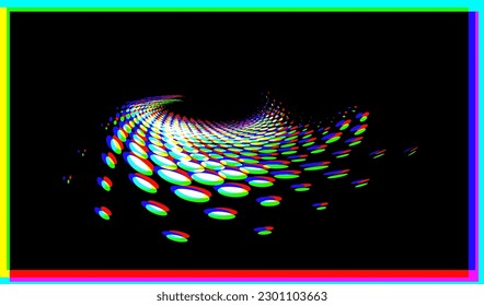 Streamlined rounded frame of specks on black (as example of using background) with decomposition of color of specks along spectrum, with CMYK shift (rgb shift). Separate use. 