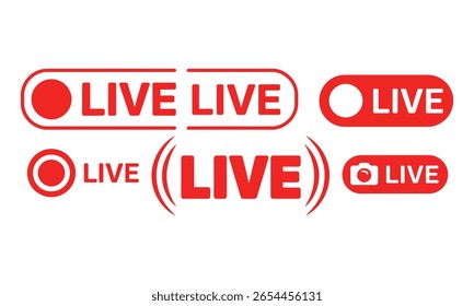 Streamlined set features several distinctive red 'LIVE' icons and buttons. Elements displayed on a clean white background. Ideal for broadcast and media themes.