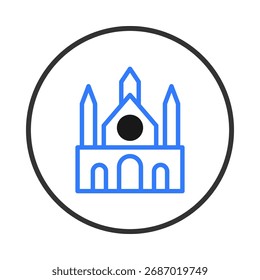 A streamlined, symbolic visualization presents a structure resembling a gothic cathedral. Executed in a minimalist style using blue lines on a white background, encased in a circle. It evokes