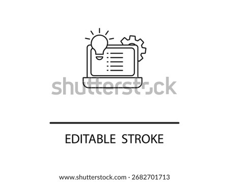 Streamlined vector icon showing business intelligence and innovative solutions with a lightbulb and gear on a laptop for business growth.