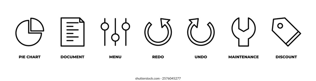 Streamlining Actions and Maintenance icons set vector illustration with pie chart, document, menu, redo, undo, maintenance, discount