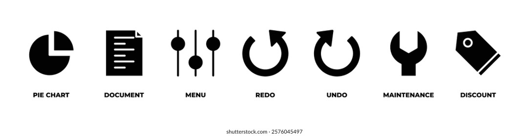 Streamlining Actions and Maintenance icons set vector illustration with pie chart, document, menu, redo, undo, maintenance, discount