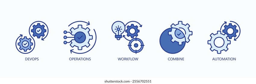 Streamlining Processes: The Fusion Of Devops And Automation Icon Set Vector Illustration Concept With Icon Of Devops, Operations, Workflow, Combine, Automation In Blue Style