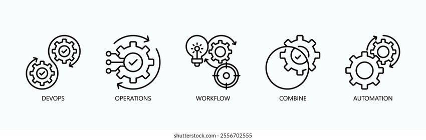 Streamlining Processes: The Fusion Of Devops And Automation Icon Set Vector Illustration Concept With Icon Of Devops, Operations, Workflow, Combine, Automation In Outline Style