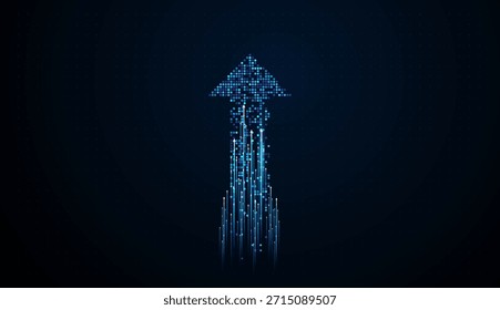 Fluxos de pixels azuis brilhantes sobem, formando uma seta que simboliza o crescimento explosivo do financiamento digital. Grande pixels digitais azul de Arrows Finance conceito