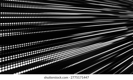 Streams of light rapidly pierce the darkness, forming rhythmic paths. A bright point acts as an impulse, carrying movement and energy through space. Vector