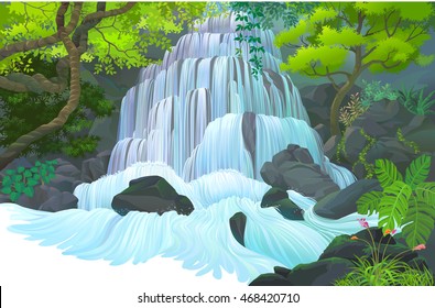 Streams of water flowing down from different rocky levels 