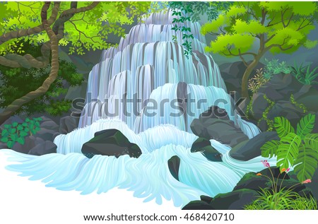 Streams of water flowing down from different rocky levels 