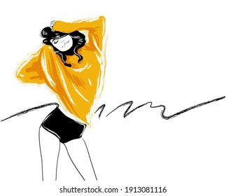 streatching woman bright yellow spot illustration brunette