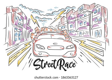 Stree Race Car with Hand Drawing illustration style