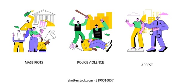 Street Action Abstract Concept Vector Illustration Set. Mass Riots, Police Violence, Public Protest Arrest, Mass Unrest, Law Enforcement, Vandalism And Looting, Political Activism Abstract Metaphor.