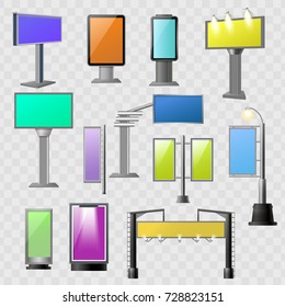 Street advertisement colored element set with billboards for different needs and locations vector illustration