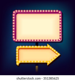 Street Advertising Billboard Retro. Realistic 3d Sign With Neon Lights. Blank Light Background For Your Text, Publicity, Promotion. The Frame And Arrow Box. Vector Illustration