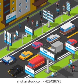 Street Advertising Illustration. Signboard Isometric Vector. Advertising Billboards On The Street. Street Billboards Design. 