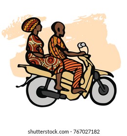 Street African motorcyclist in traditional clothes in a sketch style. Vector image painted with hands isolated on white.