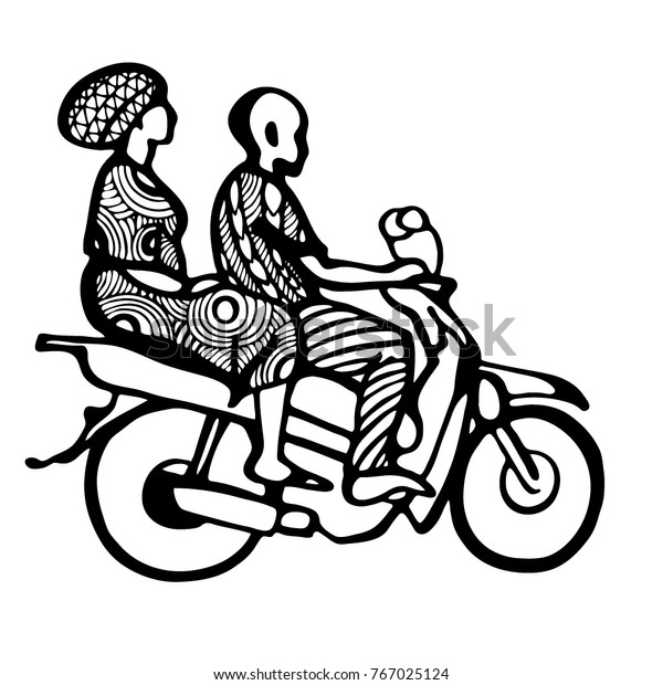 Street\
African motorcyclist in traditional clothes in a sketch style.\
Vector image painted with hands isolated on\
white.