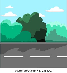 Street in the afternoon in a cartoon style. Bushes, asphalt, road