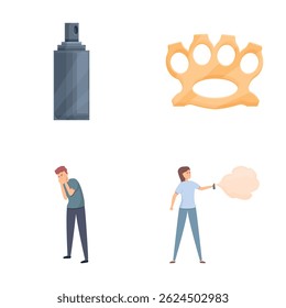 Street aggression icons set cartoon vector. Character defends from attack. Aggression concept