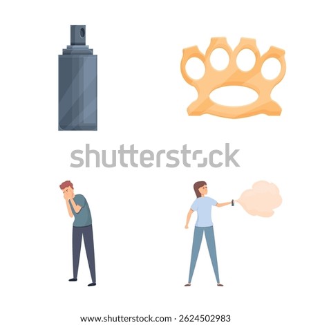 Street aggression icons set cartoon vector. Character defends from attack. Aggression concept