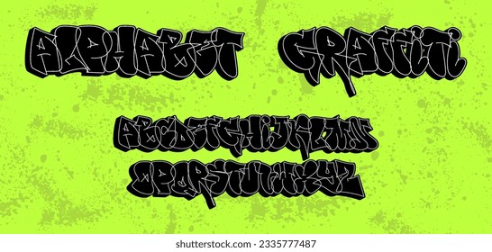 Street alphabet in graffiti style. Font from 3D letters, street calligraphy alphabet, tags. Graffiti bubble font, 3D capital letters. Vector artistic graphic box for typography. Vector collection