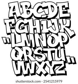 Street alphabet in hip-hop graffiti style, hand drawn. youthful urban atmosphere. vector graffiti alphabet on white background