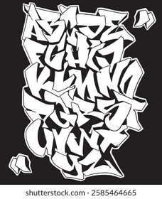 Street alphabet in hip-hop graffiti style, hand drawn. Energetic expressive title. Young city atmosphere. Vector graffiti alphabet on black background