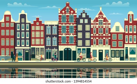 A street in Amsterdam with traditional buildings, walking people and reflections in the water. Handmade drawing vector illustration. All objects are grouped by various layers.