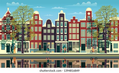 A street in Amsterdam with traditional buildings, walking people, trees and reflections in the water. Handmade drawing vector illustration. All objects are grouped by various layers.