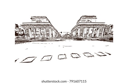 The street with ancient buildings in the center of Milan, Italy. Hand drawn sketch illustration in vector.